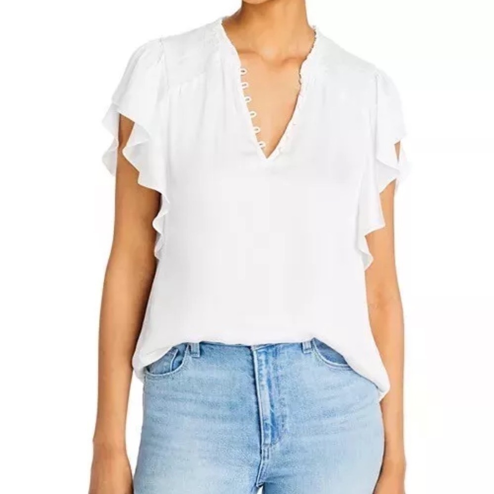 Paige Dewan White Ruffle Sleeve Silky Blouse Button Detail - Medium - NWT